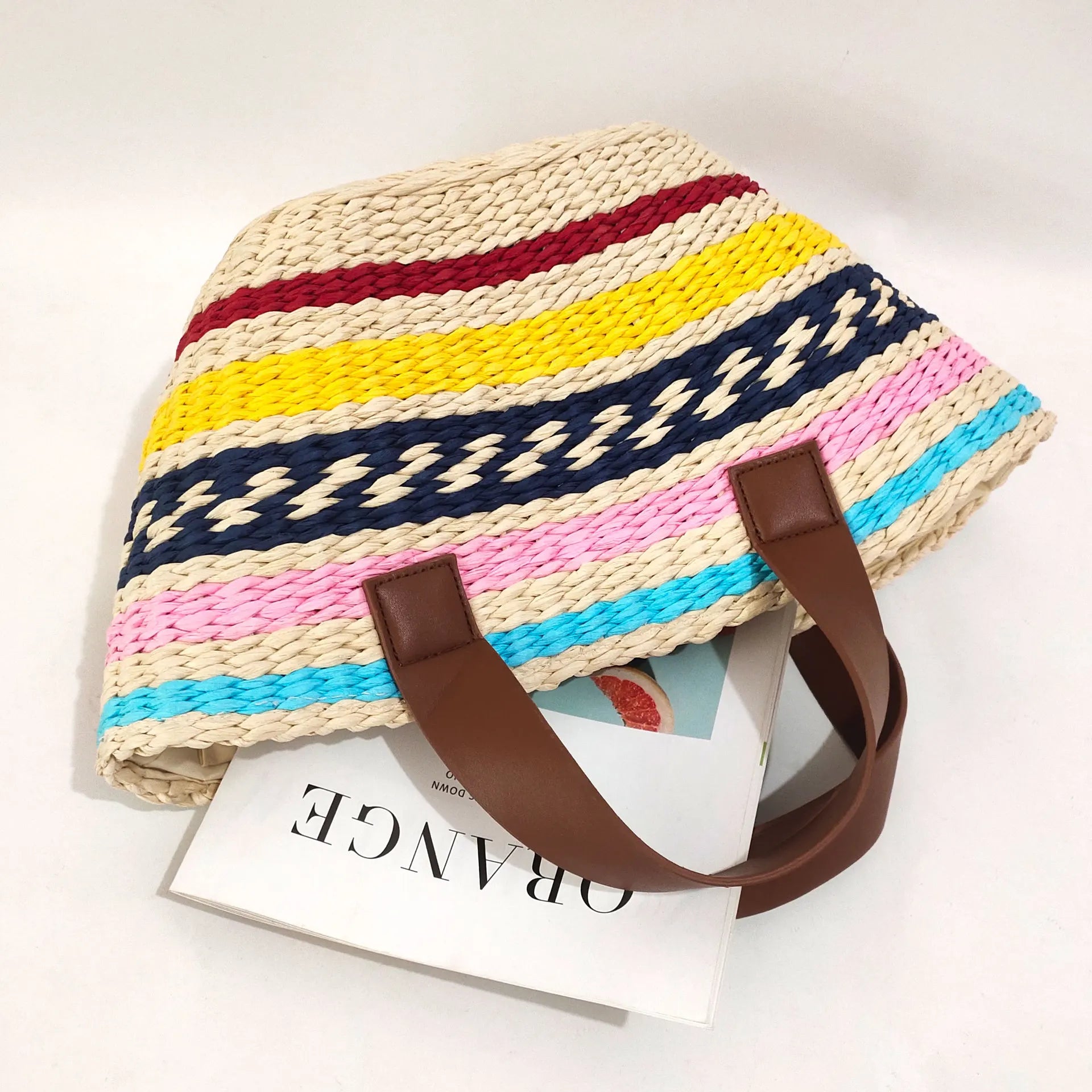 Femlion Boho Straw Woven Beach Bag with Color Contrast Stripes