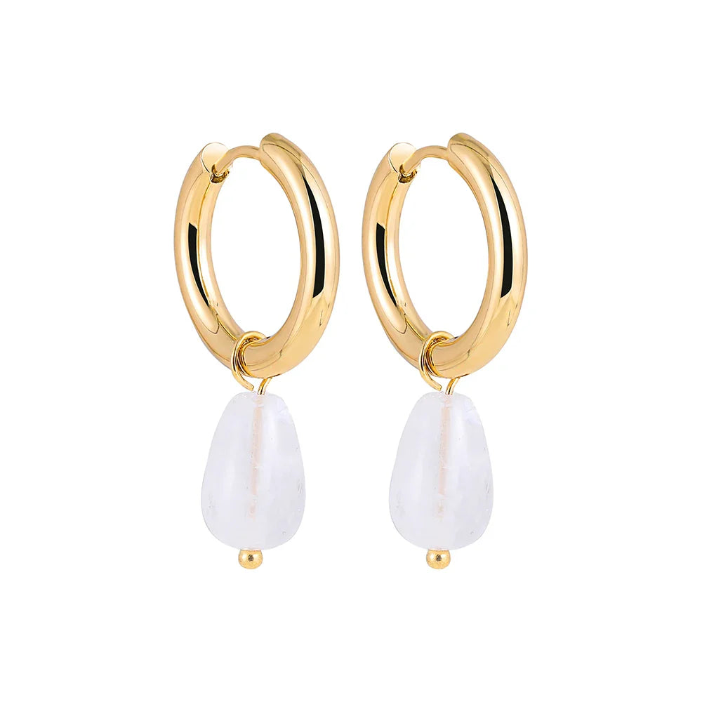 Femlion Green Stone Teardrop Earrings: Gold Hoops Huggies for Women