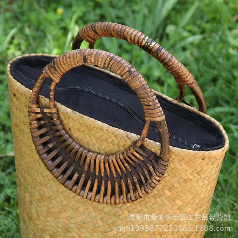 Femlion Rattan Bucket Bag - Vintage Handbag & Straw Purse