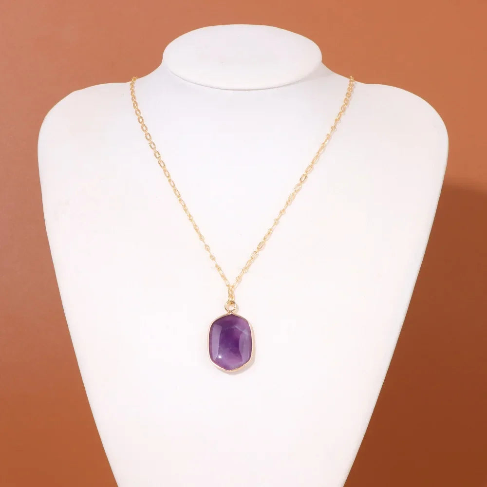 Femlion Amethysts Oval Crystal Necklace for Women - Healing Purple Stone Pendent Choker