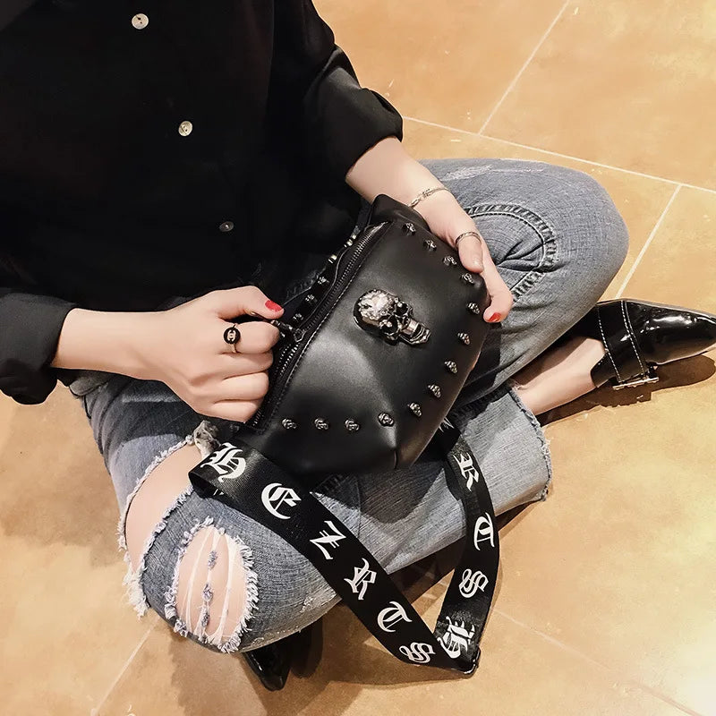 Femlion Rivet Skull Waist Bag Unisex Black Leather Fanny Pack