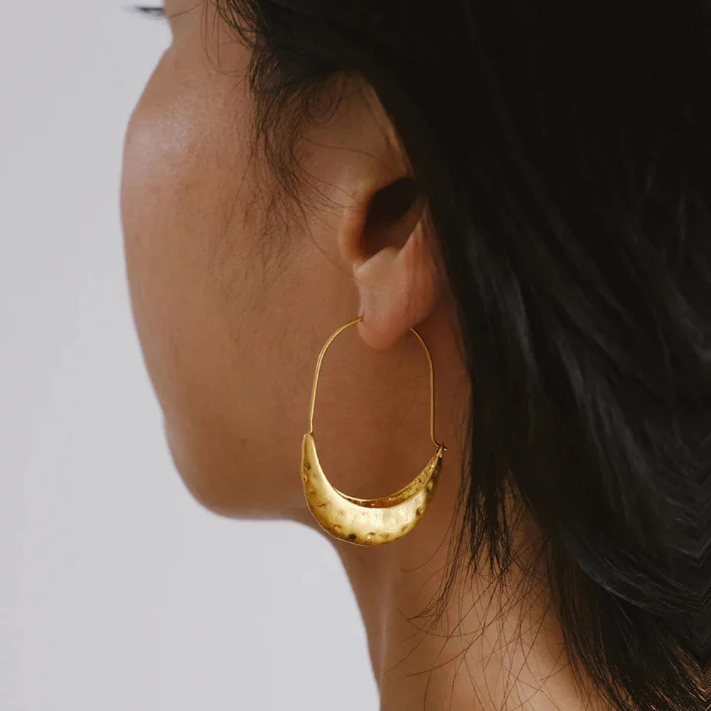 Femlion Glam Crescent Hoop Earrings: Golden Plated Stainless Steel Textured Thick Hoops