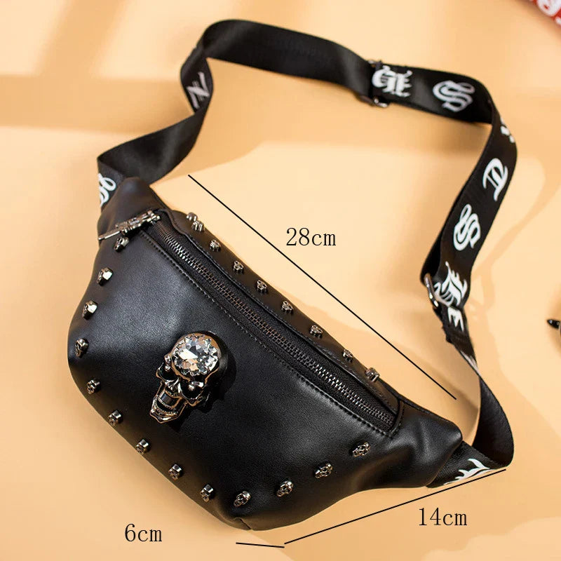 Femlion Rivet Skull Waist Bag Unisex Black Leather Fanny Pack