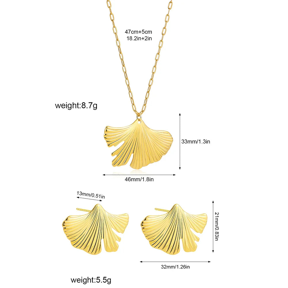 Femlion Gold Plated Ginkgo Leaf Jewelry Set - Trendy Stainless Steel Earrings & Necklace