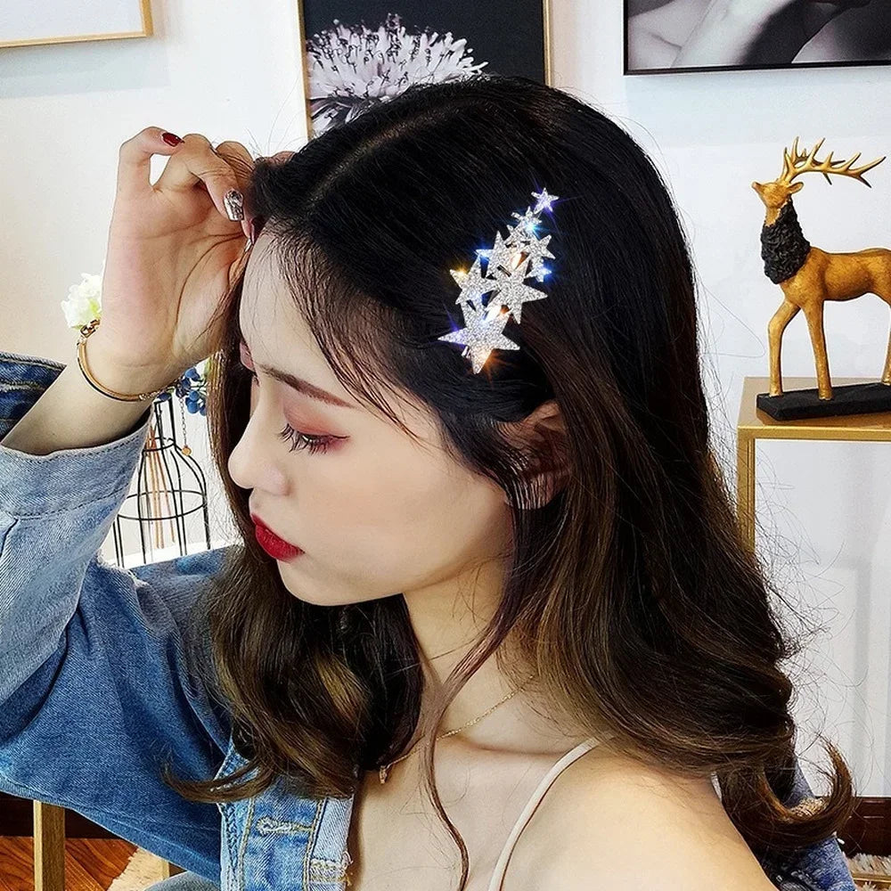 Femlion Rhinestone Pentagram Hair Clips Glitter Shiny Hairpins for Women Fashion Headdress