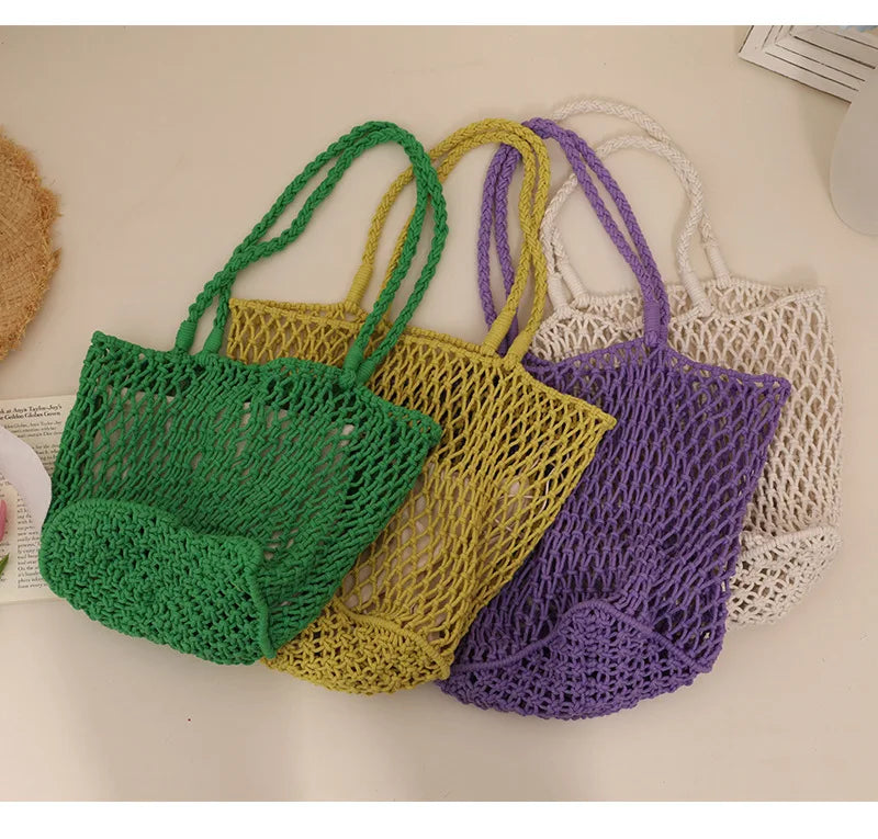 Femlion Straw Woven Beach Bag Large Capacity Mesh Shoulder Handmade Women's Vacation Bag