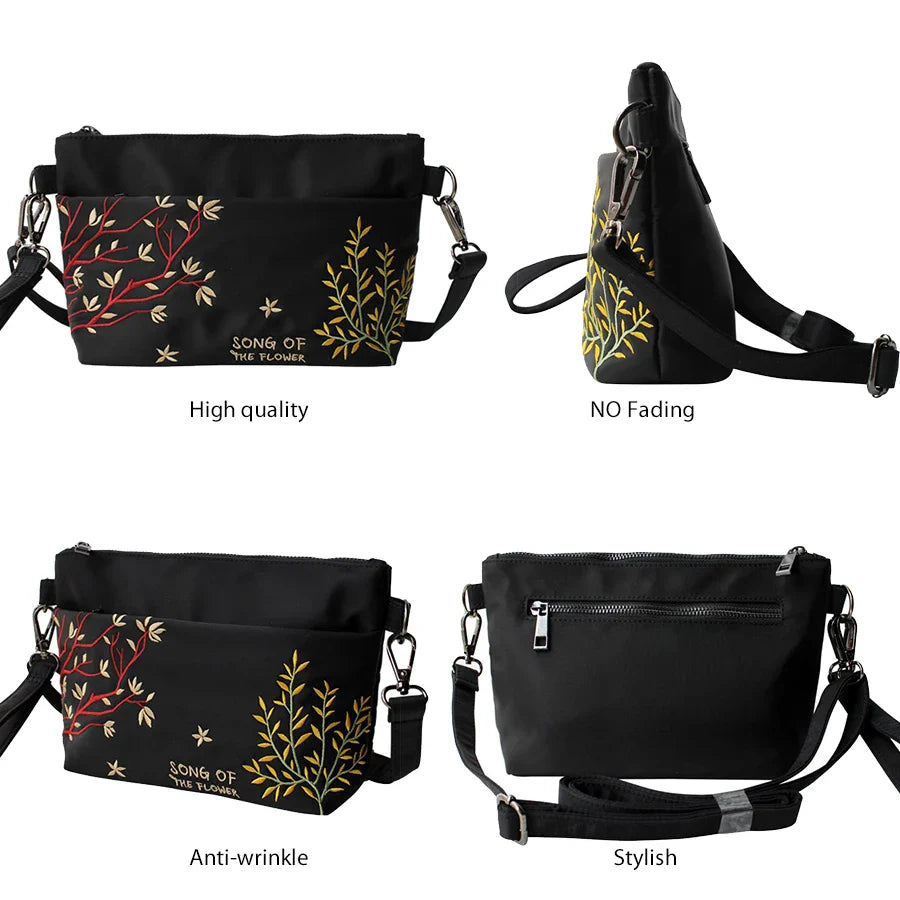 Femlion Black Nylon Cloth Flower Princess Crossbody Messenger Clutch Shoulder Bag