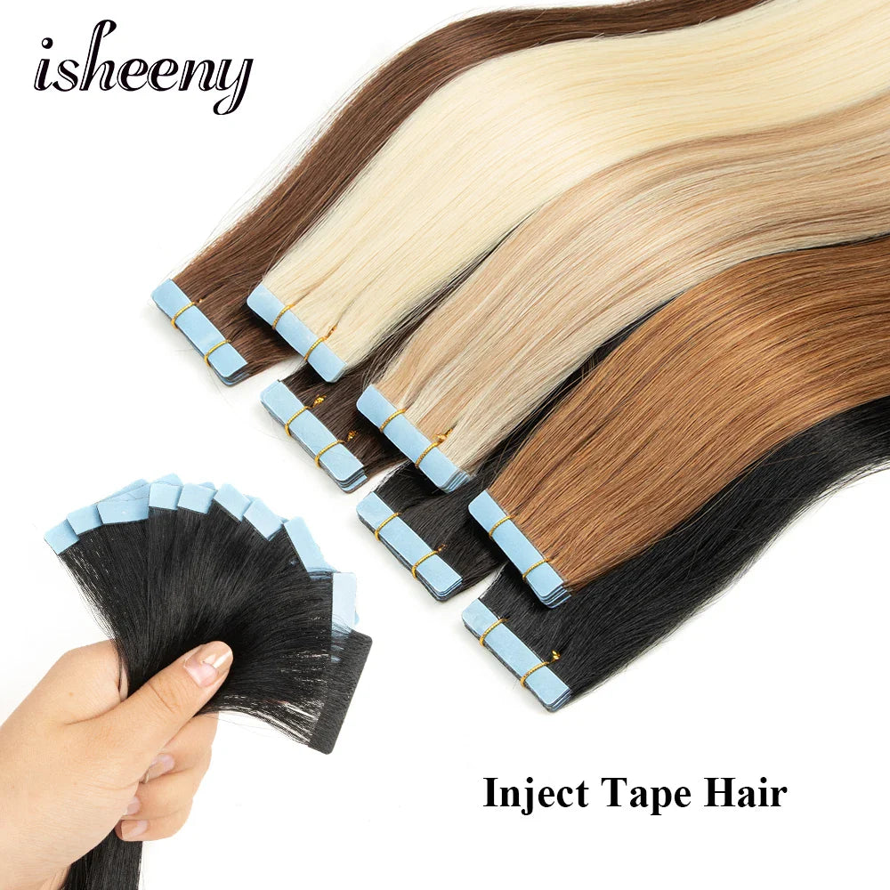 Femlion 12" 16" 20" PU Skin Weft Invisible Tape Hair Extensions, Natural Straight Remy Human Hair