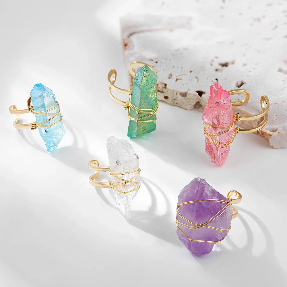 Femlion Pink Crystal Polygon Rings - Adjustable Wire Wrapped Open Rings in Gold Color