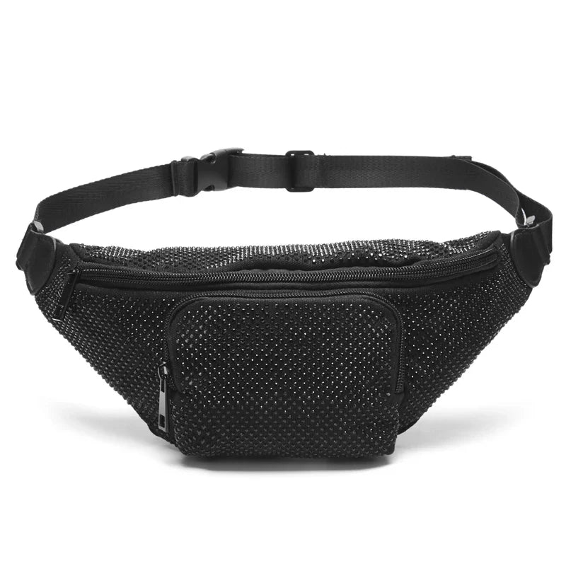 Femlion Black Rhinestone Waist Bag Large Capacity Fanny Pack Women Chest Bag