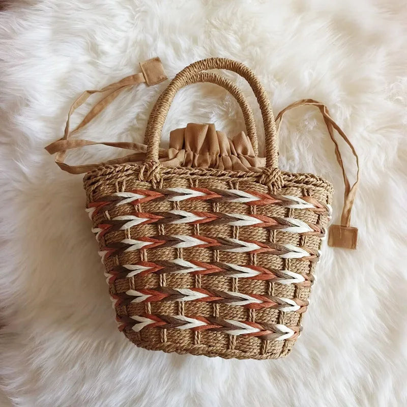 Femlion Bamboo Rattan Handbag with Woven Handle and Storage Basket