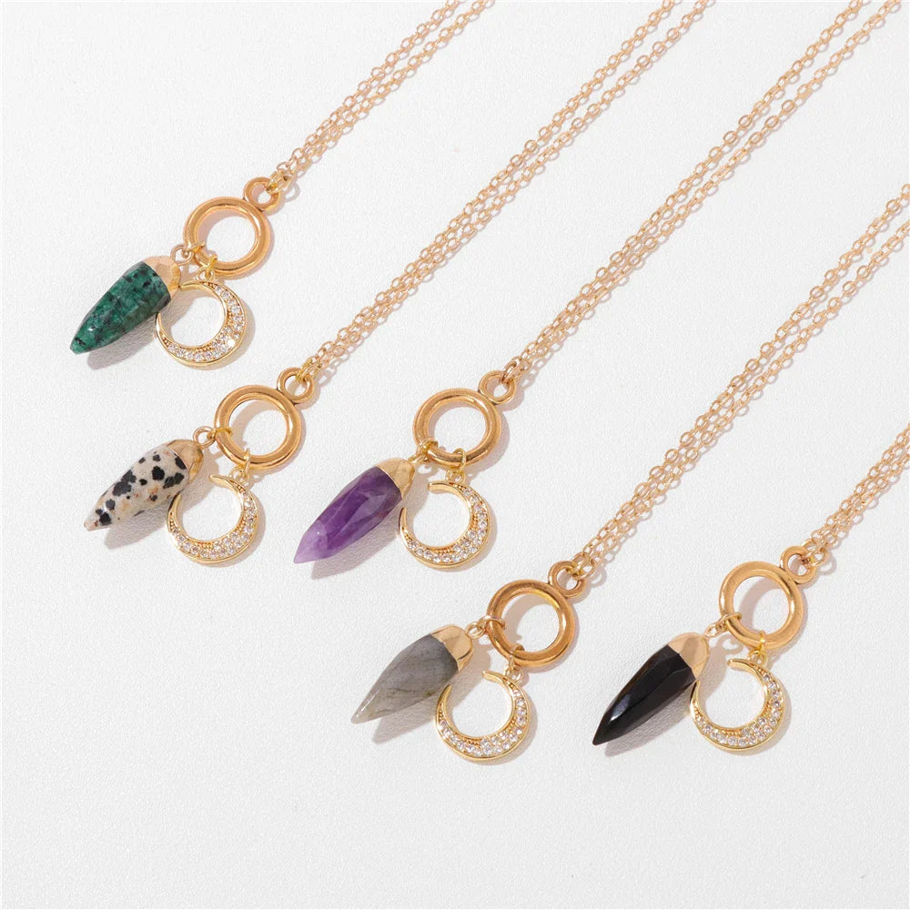 Femlion Crystal Stone Crescent Necklace with Agate Pendant for Women