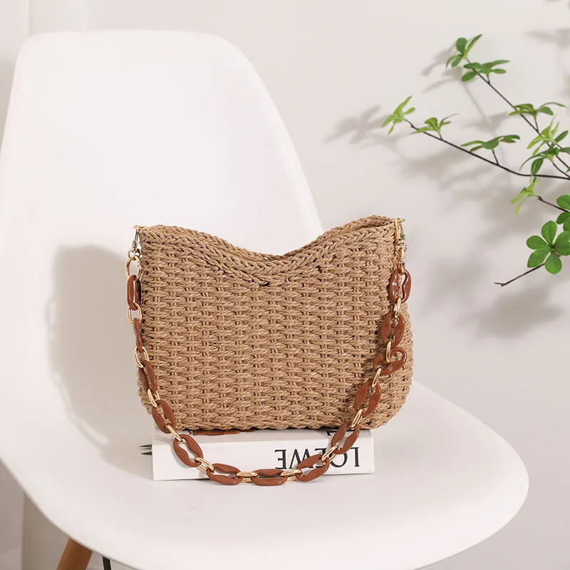 Femlion Purple Woven Crescent Bag - Beach Holiday Shoulder Straw Bag