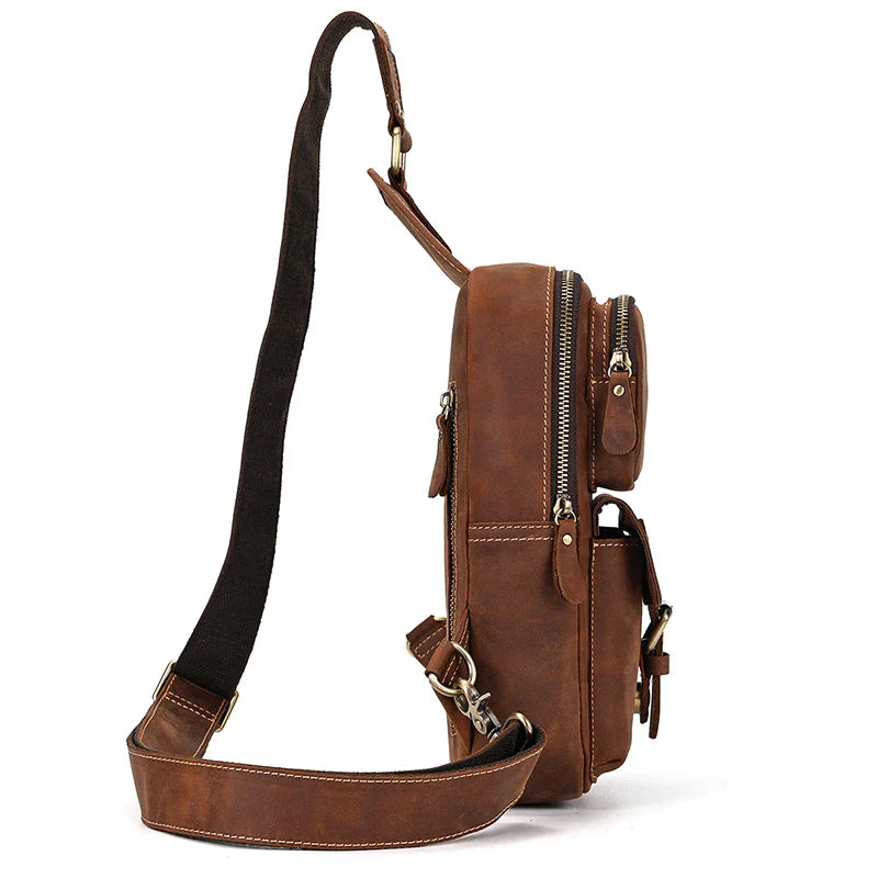 Femlion Crazy Horse Leather Men Chest Bag - Premium Crossbody Shoulder Bag Pack