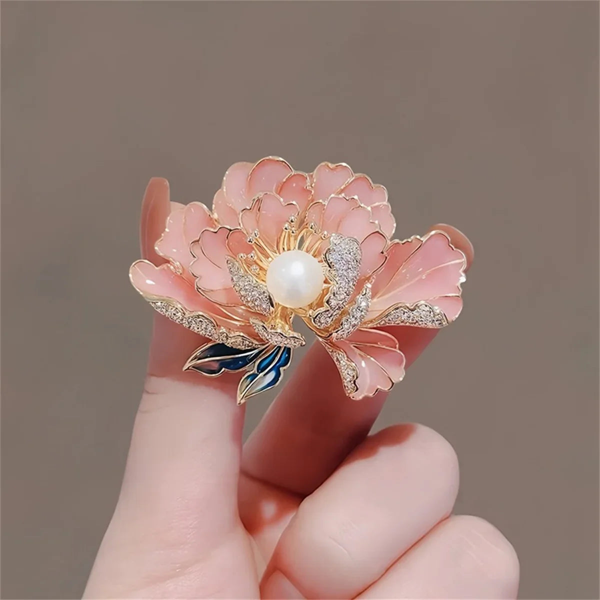 Femlion Peony Flower Brooch Imitation Pearl Pins Enamel Badge Elegant Lady Jewelry