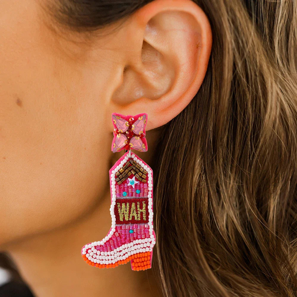 Femlion Rhinestone Bead Cowgirl Boots Dangle Earrings Sparkly Western Cowboy Boot Women Jewelry