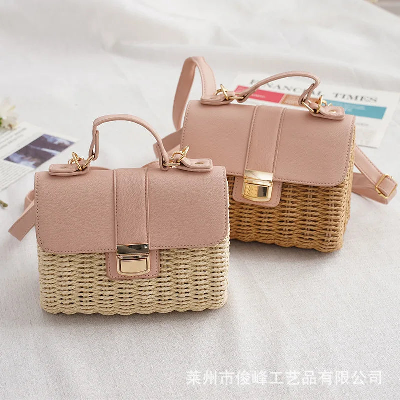 Femlion Bamboo Woven Straw Bag Cover Chain Square Beach Fashion Bag