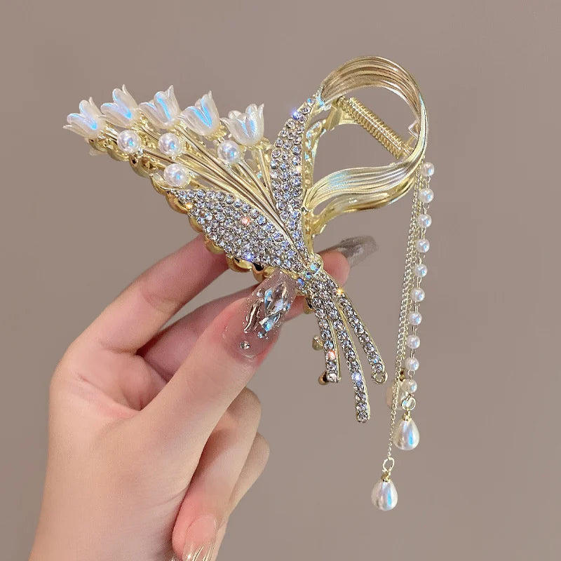 Femlion Rhinestone Crystal Tassel Hair Claw Clips Metal Hair Crab Hairpins Women Girls