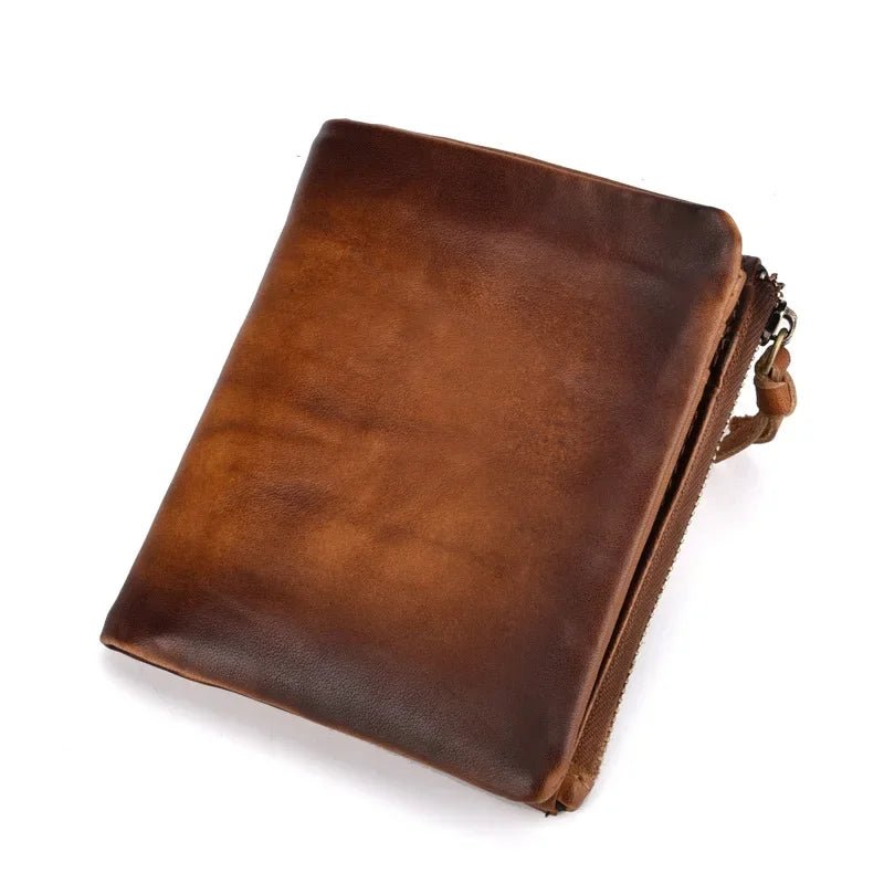 Femlion Retro Cowhide Double Zipper Men's Wallet in Genuine Leather