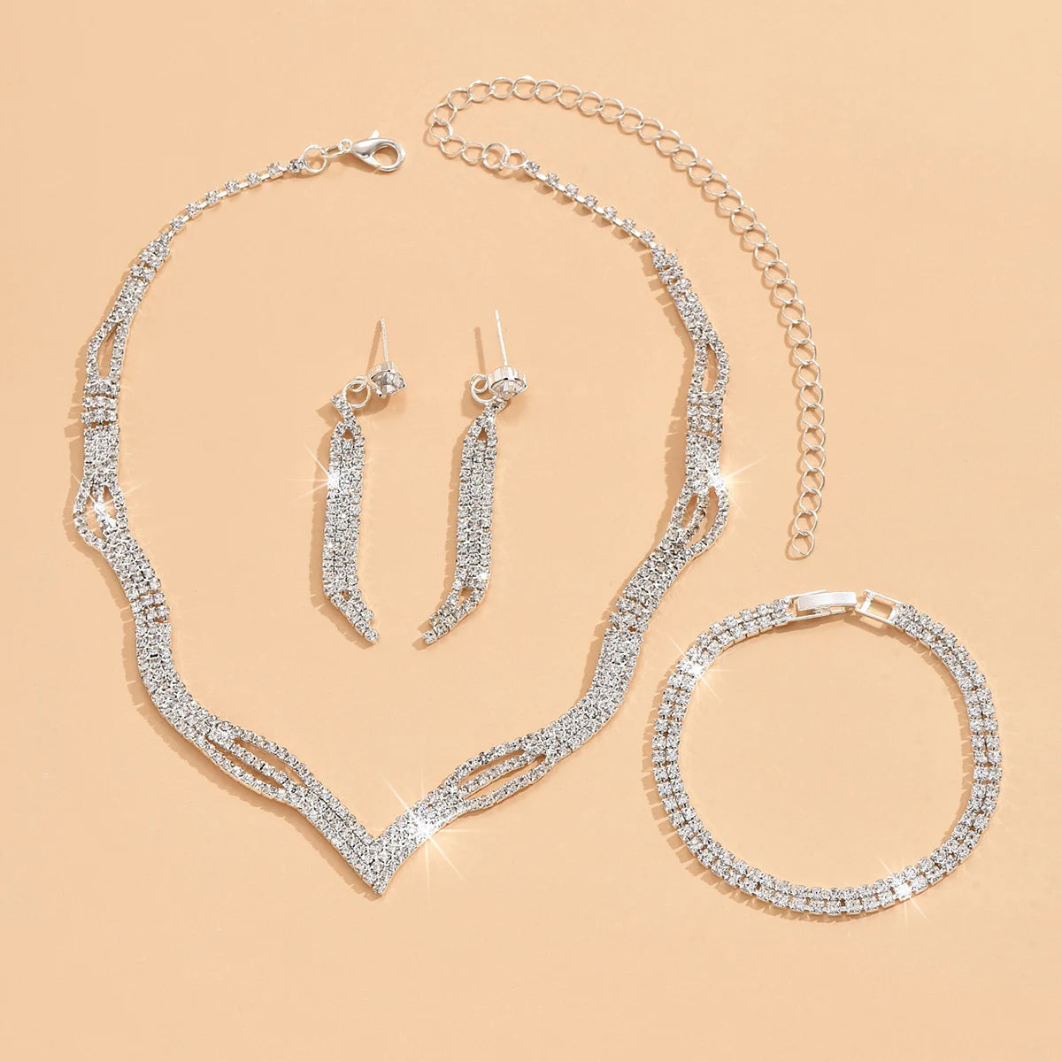 Femlion Rhinestone Jewelry Set: Necklace, Earrings, Bracelet, Bridal Wedding Accessories