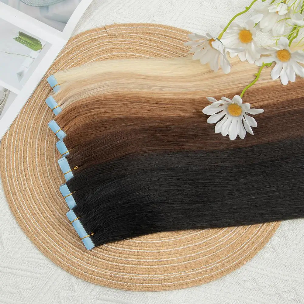 Femlion 12" 16" 20" PU Skin Weft Invisible Tape Hair Extensions, Natural Straight Remy Human Hair