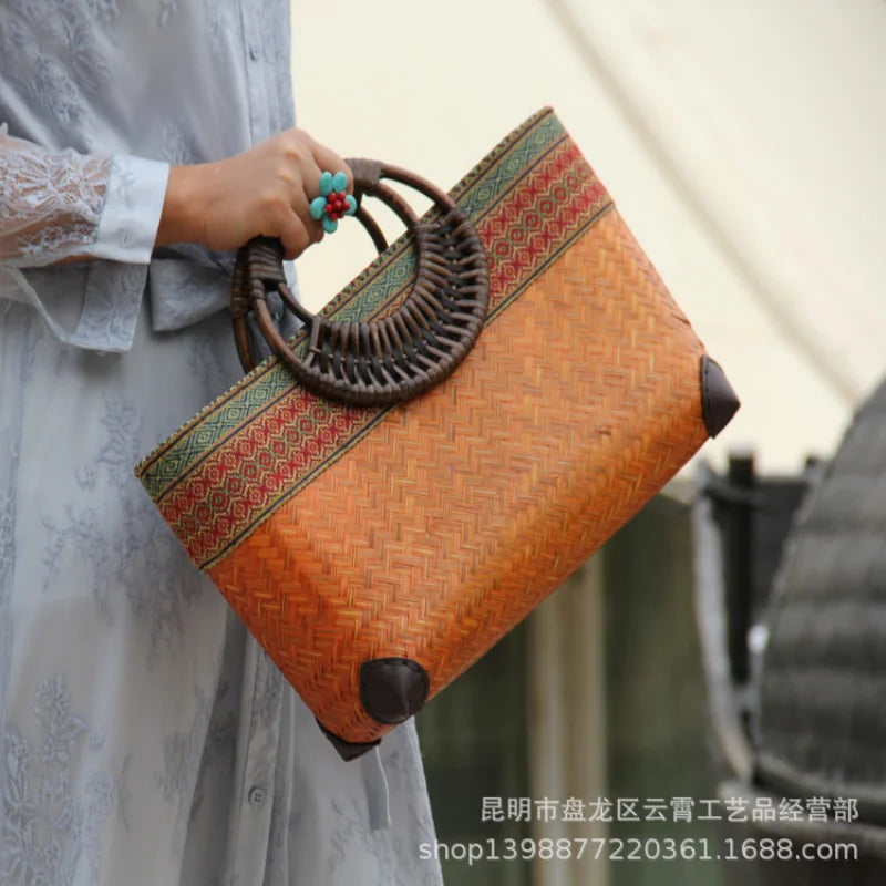 Femlion Bamboo Beach Handbag: Chinese Vintage Woven Tote & Tea Set Storage Bag