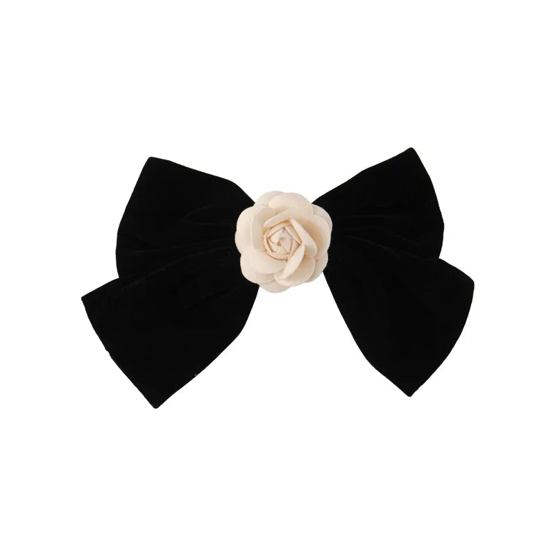 Femlion Black Velvet Hair Bows Clips with White Flower Accent