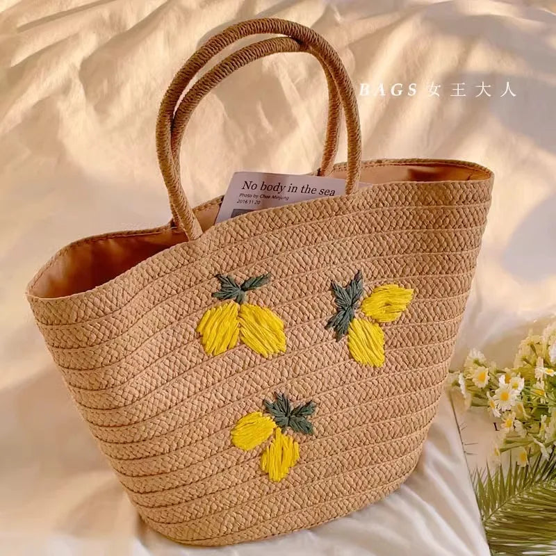 Femlion Lemon Straw Woven Shoulder Bag Handmade Embroidery Vintage Summer Large Capacity