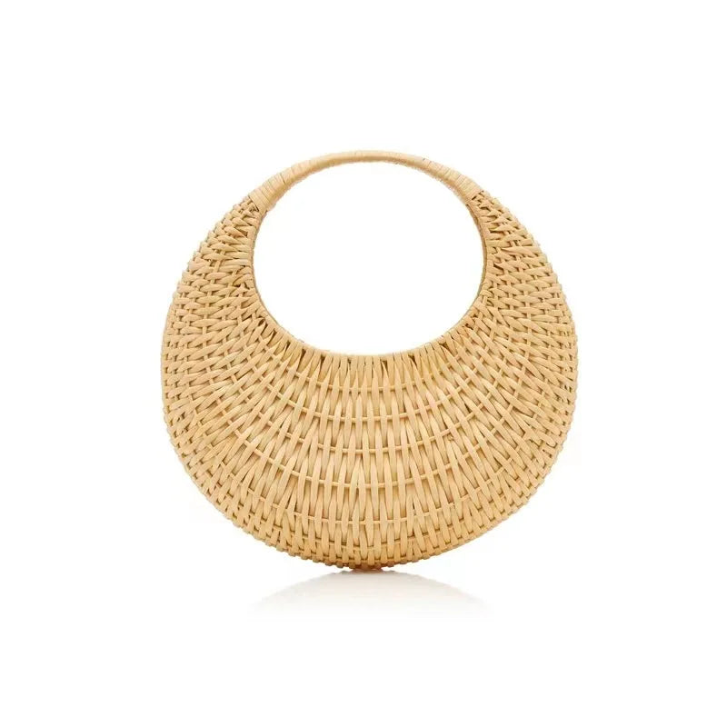 Femlion Summer Straw Beach Bag | Casual Round Woven Handbag for Women