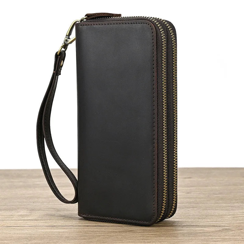 Femlion Vintage Leather Long Wallet for Men Women, Double Zipper Clutch Purse