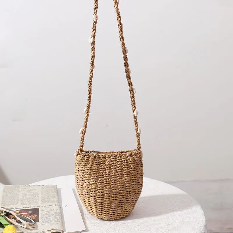 Femlion Seaside Shell Straw Bag Women 2021 Beach Vacation Woven Messenger Crossbody