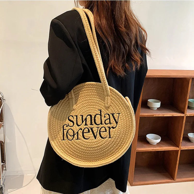 Femlion Round Letter Straw Bag Handmade Cotton Rope Woven Shoulder Bag