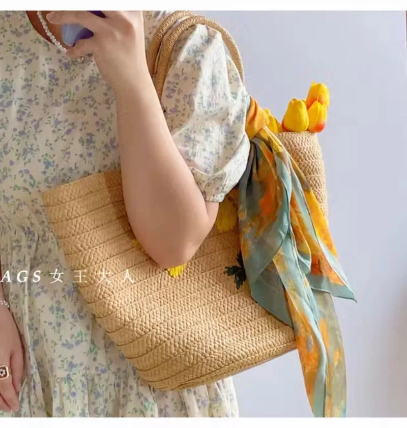 Femlion Lemon Straw Woven Shoulder Bag Handmade Embroidery Vintage Summer Large Capacity