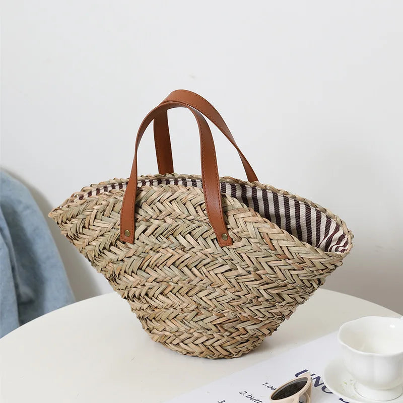 Femlion Handwoven French Straw Bag Beach Holiday Rattan Bag Large Capacity All-Match