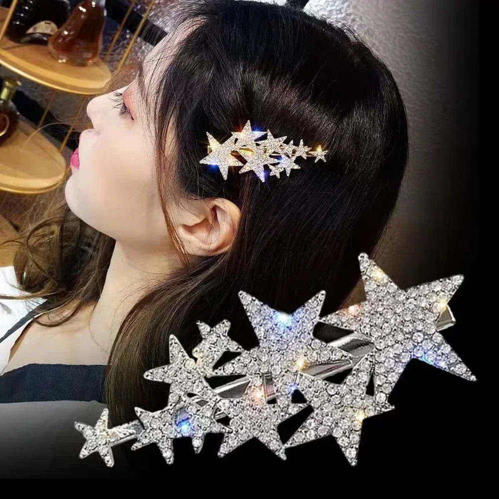 Femlion Rhinestone Pentagram Hair Clips Glitter Shiny Hairpins for Women Fashion Headdress