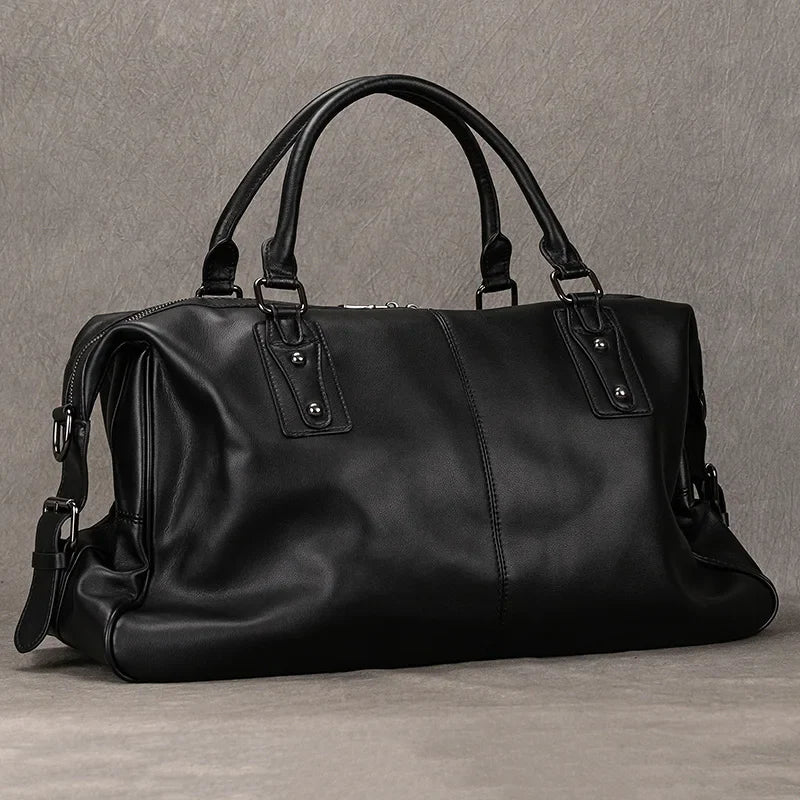 Femlion Black Leather Travel Duffle Bag 50cm