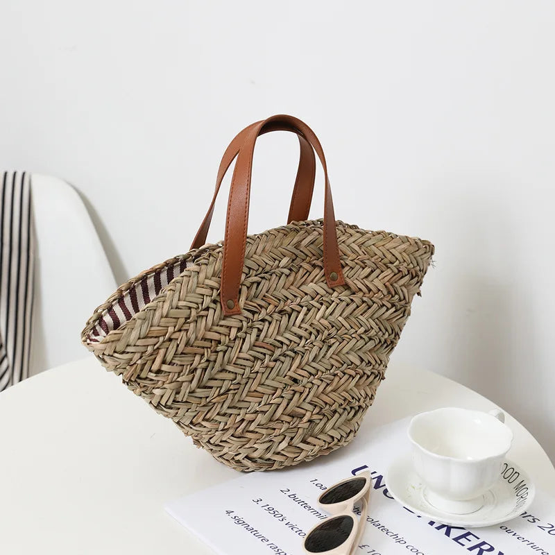 Femlion Handwoven French Straw Bag Beach Holiday Rattan Bag Large Capacity All-Match