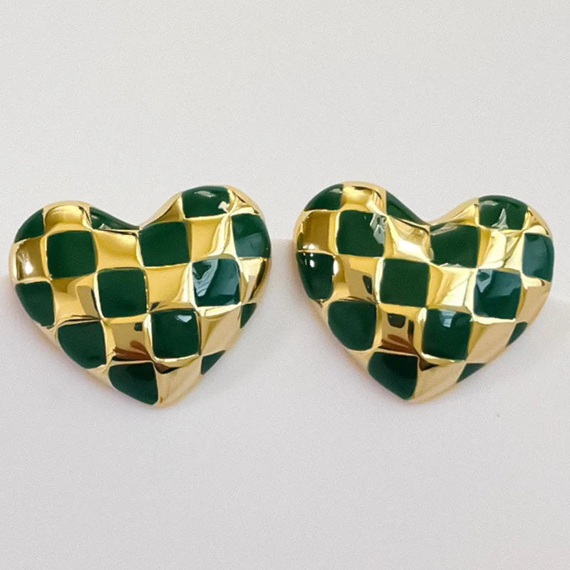 White Gold Heart Stud Earrings - Femlion Elegant Plaid Love Jewelry