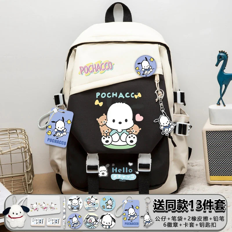 Femlion Kawaii Pochacco Backpack Set for Teens - Schoolbag, Pencil Box, Badge - Anime-inspired