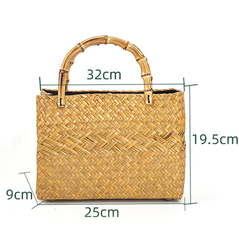 Femlion Nordic Seaweed Woven Bag with Bamboo Handle for Casual Style