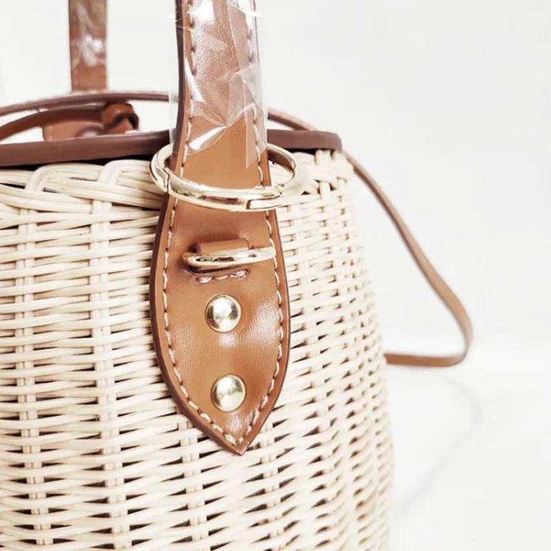 Femlion Rattan Bucket Bag: Hand-Woven Shoulder & Handheld Purse