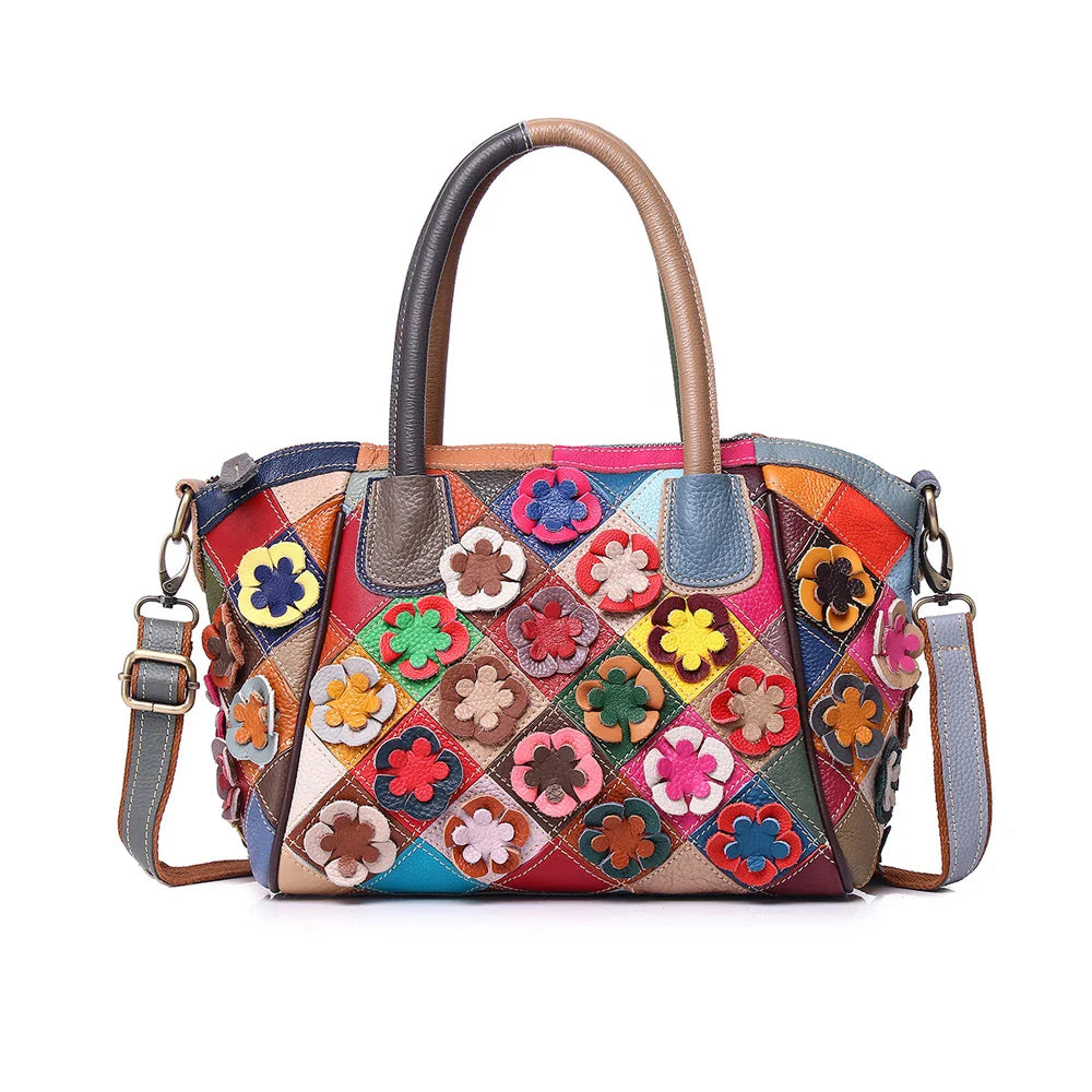 Femlion Multicolor Leather Tote Bag | Genuine Leather Flower Shoulder Crossbody Bag