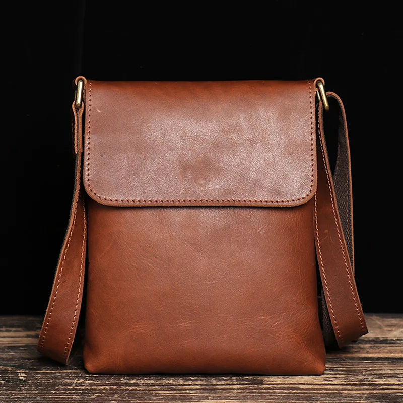 Femlion Vintage Cowhide Crossbody Bag for Men | Genuine Leather Large Capacity iPad Shoulder Bag