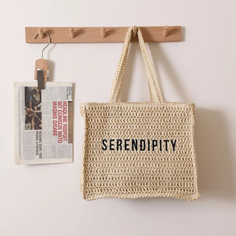 Femlion Square Straw Woven Embroidered Letters Beach Bag