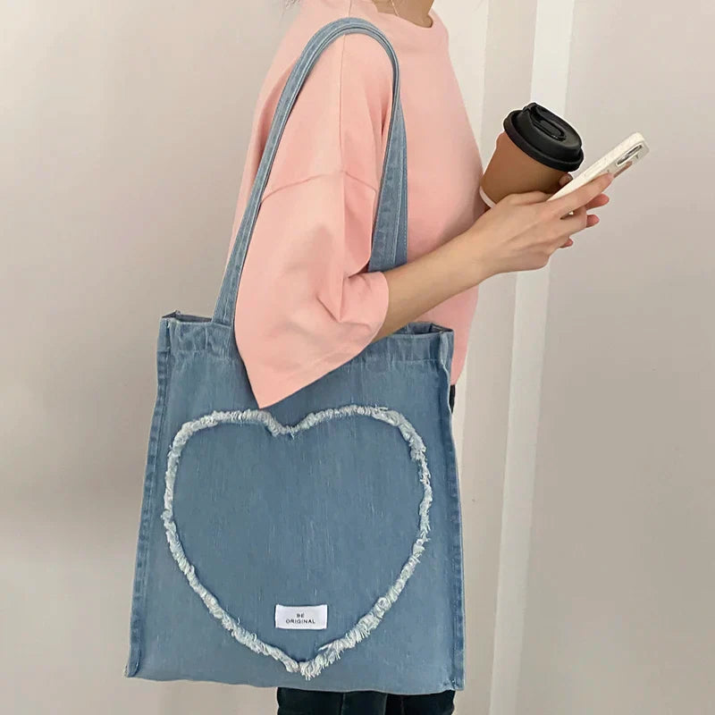 Femlion Love Heart Denim Shoulder Bag Large Shopping Tote Canvas Purse