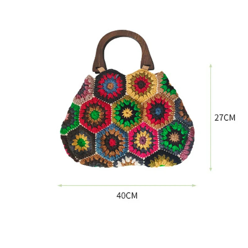 Femlion Vintage Crochet Wooden Handbag Large Tote Women's Shopper Purses