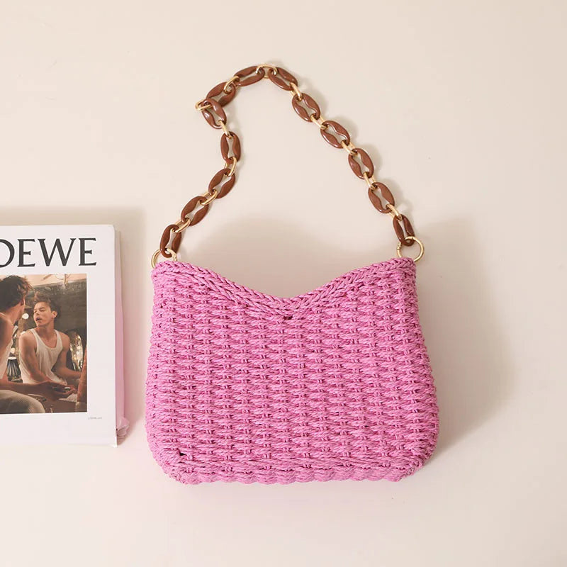 Femlion Purple Woven Crescent Bag - Beach Holiday Shoulder Straw Bag