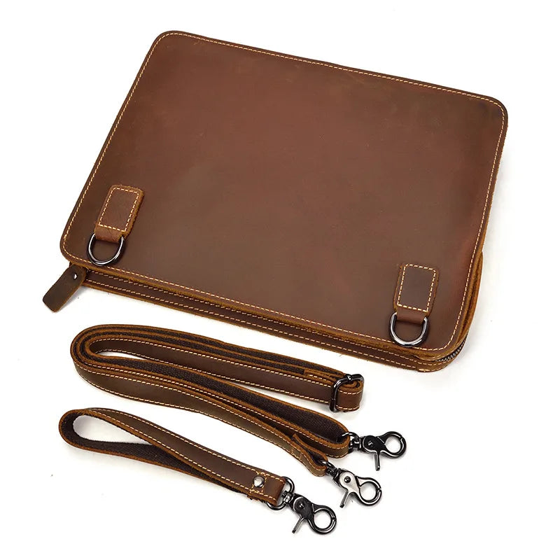 Femlion Genuine Leather Clutch Bag with Shoulder Strap for iPad Mini Tablet A4