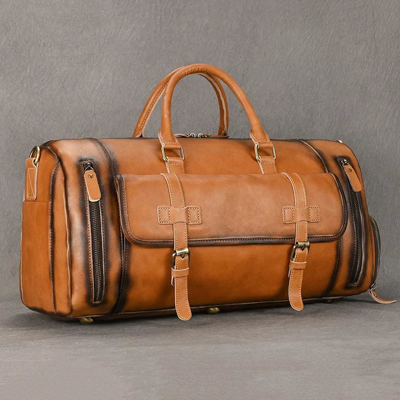 Femlion Genuine Leather Men's Vintage Duffle Bag with Shoe Compartment