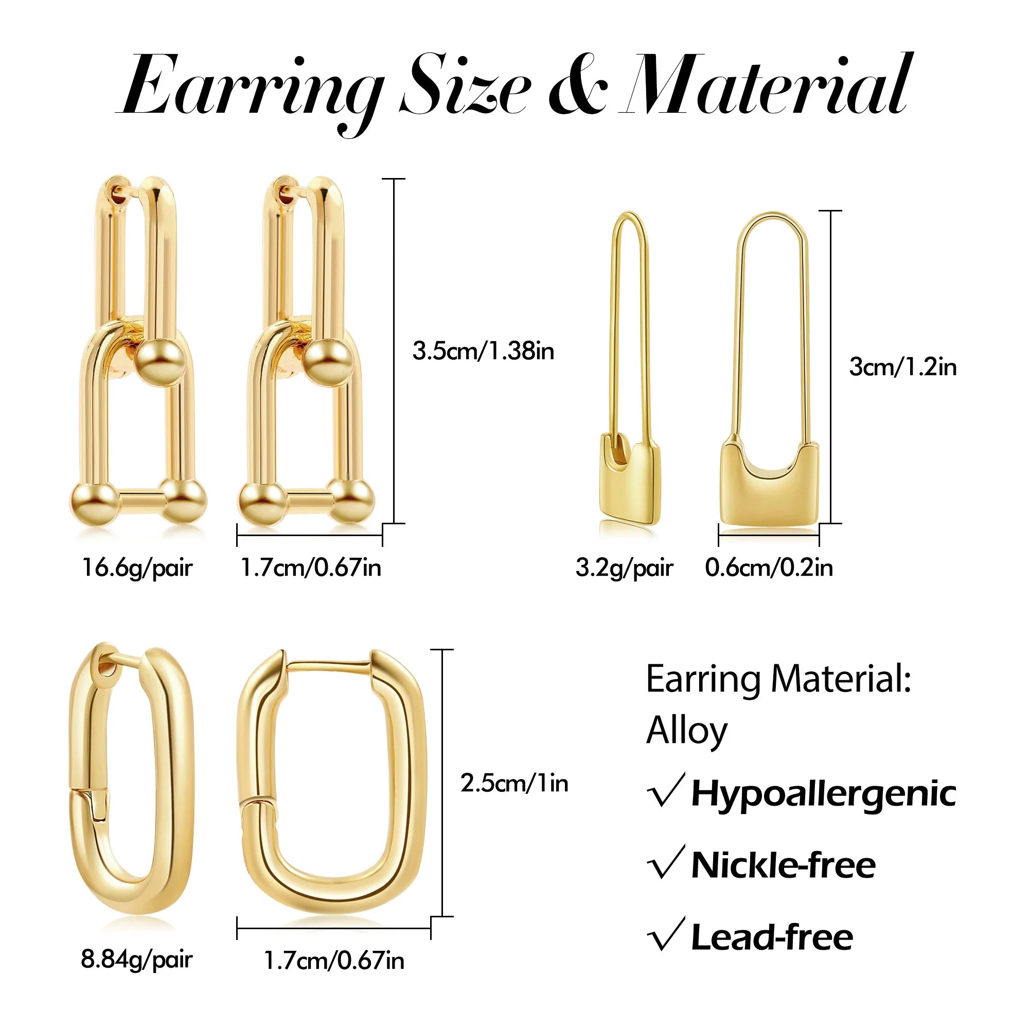 Femlion Gold Chain U Shape Chunky Earrings Set Geometric Safety Pin Trendy Jewelry